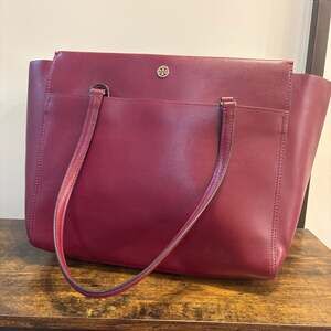 Tory Burch Parker Tote Imperial Garnet Leather Midnight Swim Interior